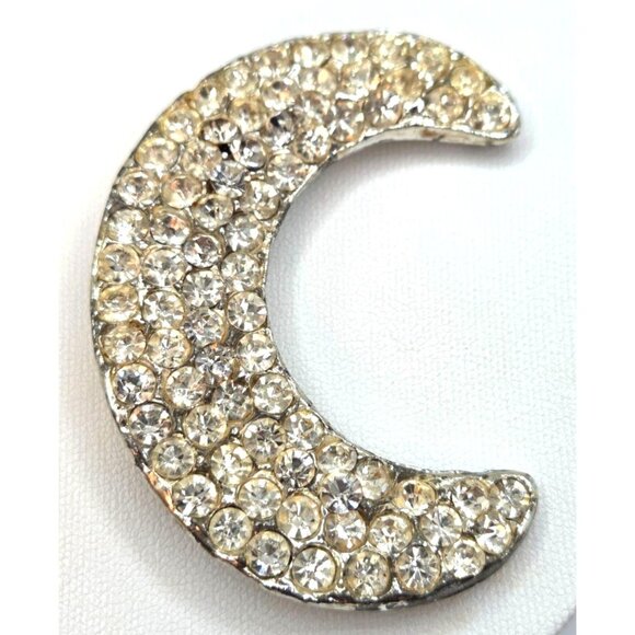 Vintage Rhinestone Crescent Moon Brooch Silver Tone - Picture 3 of 3